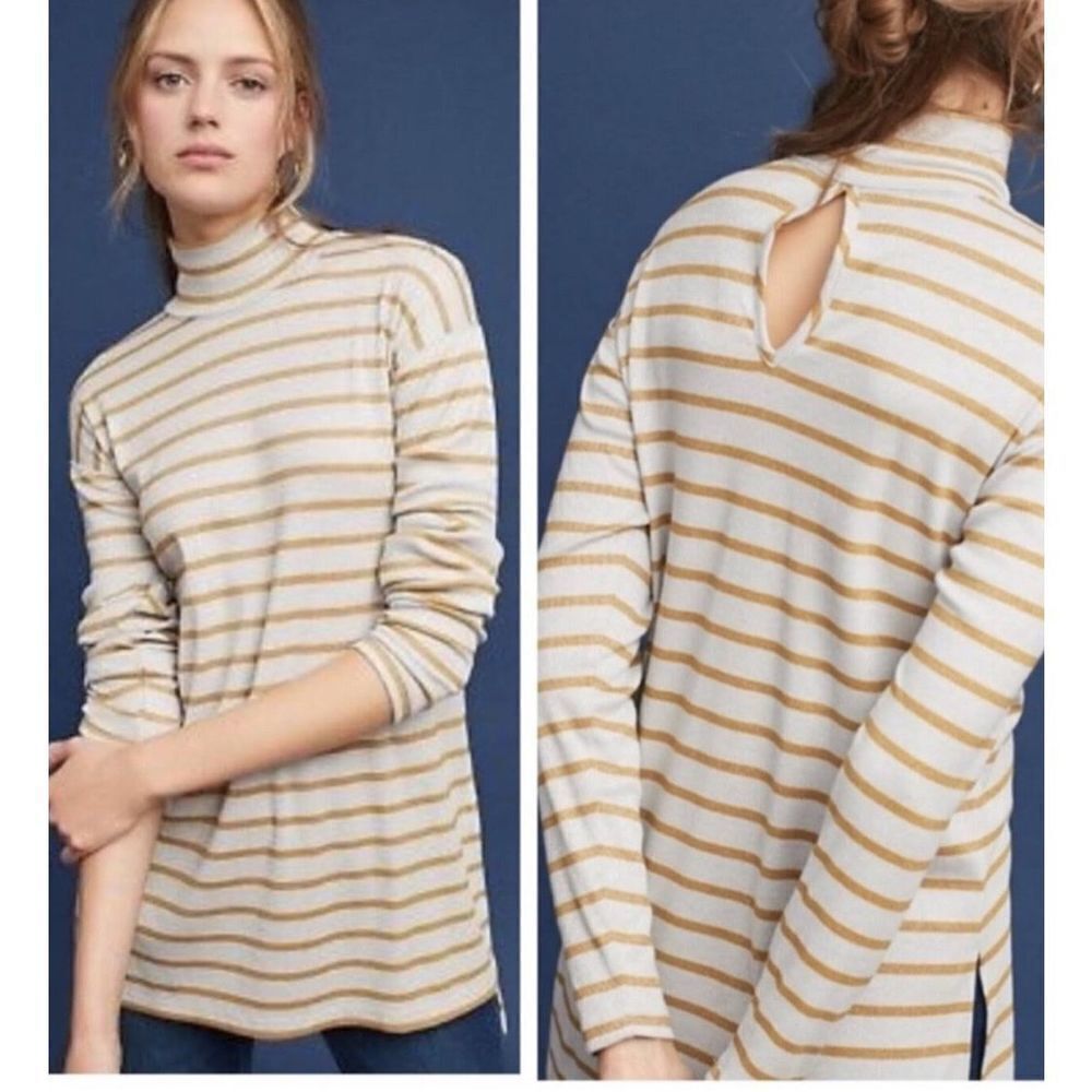 Vanessa Virginia Anthropologie Shining Turtleneck Tunic Top Gold Metallic Stripe